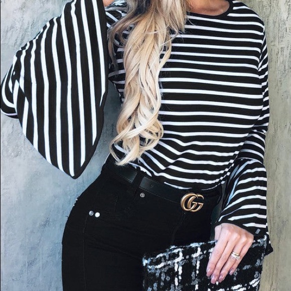 🆕Classy_CHIC »B&W Striped Long »Fit&Flare« »Bell-Sleeves« Stylish Ladies Top LG - Picture 5 of 16